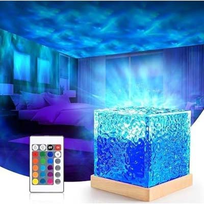 3D Ocean Wave Projector Lamp – USB Rechargeable Crystal Cube Table Lamp with Multicolor LED & Remote Control